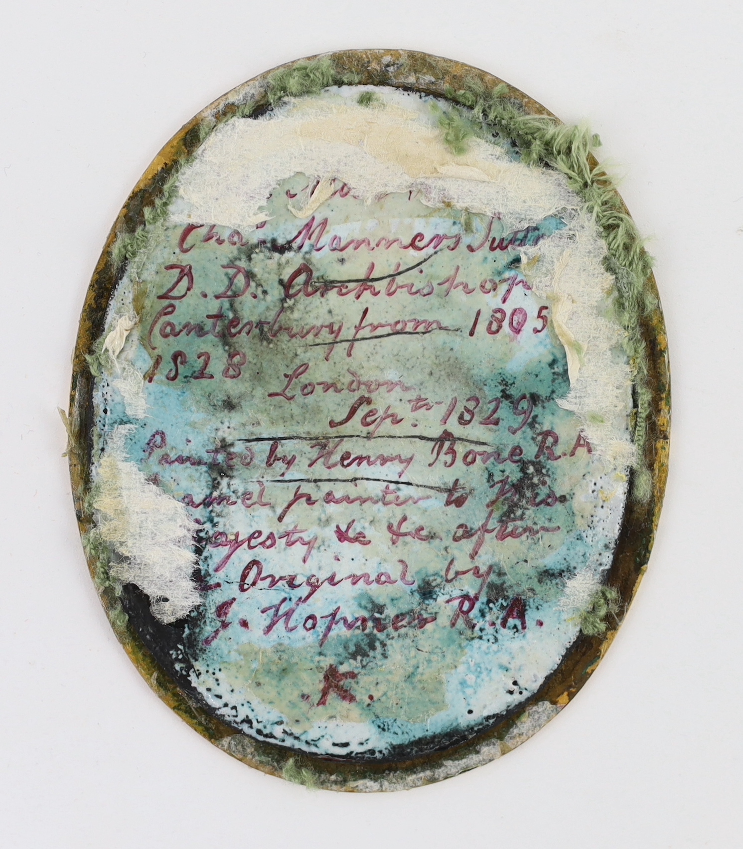 Henry Pierce Bone, R.A. (British, 1779-1855), Miniature portrait of the Arch Bishop of Canterbury after the original by John Hoppner, enamel on copper, 7 x 5.75cm
